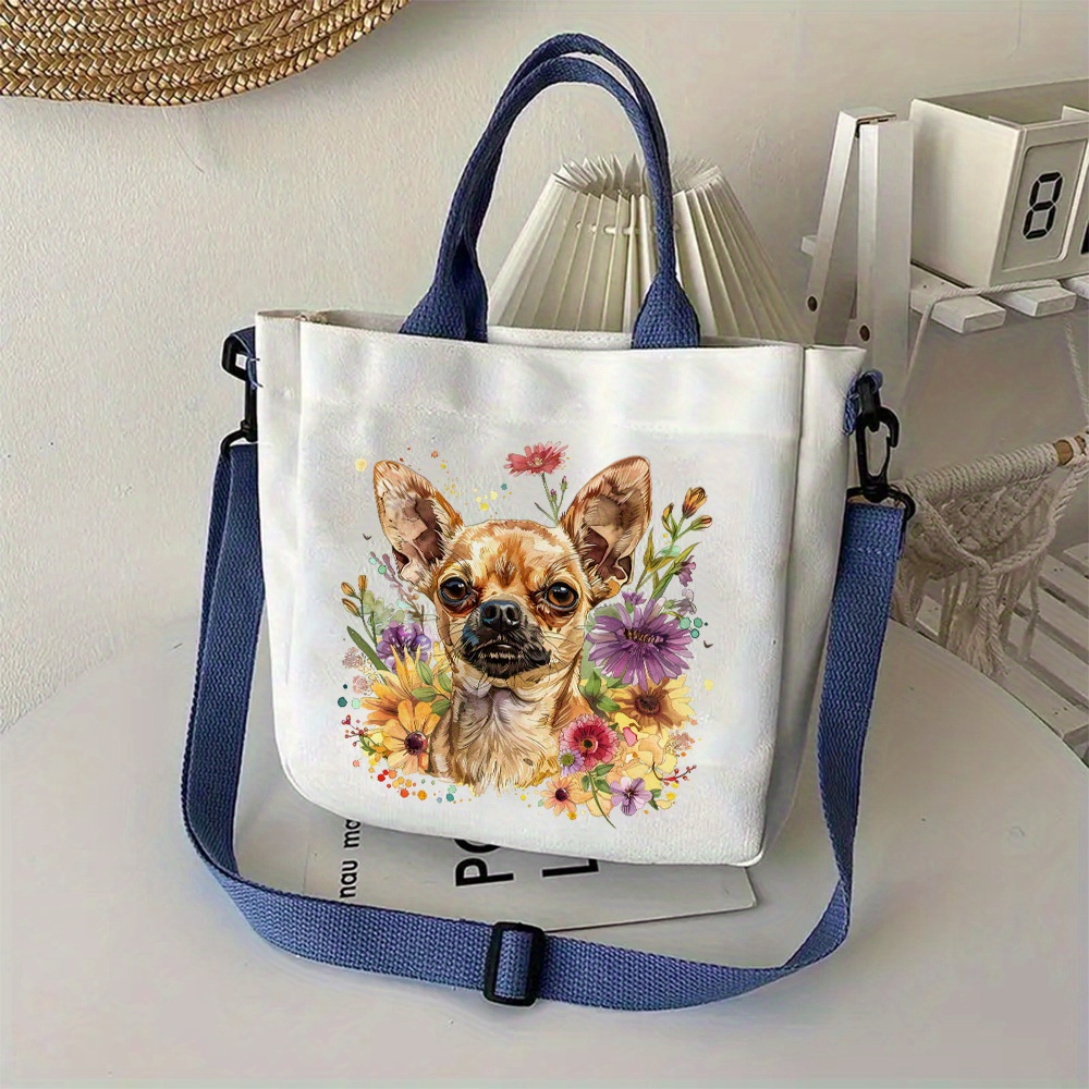 

1pc Chihuahua Print Canvas Tote Bag For Women With Adjustable Strap, Hand Washable, Closure, Large Crossbody Handbag For Work, Travel, School, Casual Use