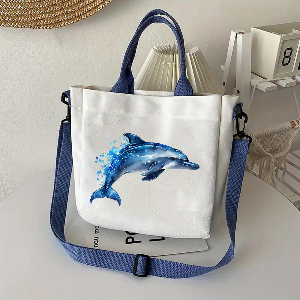 

1pc Dolphin Canvas Tote Bag, Women' Handbag For School, Work, Travel, Shopping, Style, Washable/, Zip Closure, Daily Use