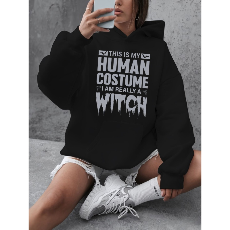 

1pc Women's Plus Size Hooded Sweatshirt With "i " Slogan, Casual Polyester Pullover With Stretch, Knit Fabric, Oversized Fit, Alphabet Pattern, With Pockets For Fall/winter, For Halloween