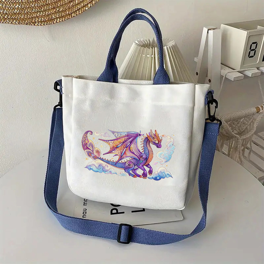 

1pc Dragons Canvas Tote Bag, 2pcs Set, Large Capacity Casual Shoulder Bag, Shopping Bag, Fixed Shoulder Strap, Unlined, Suitable For Gifts To