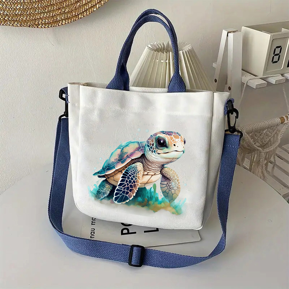 

1pc Canvas Sea Turtle Tote Bag With Adjustable Shoulder Strap, Hand Washable, Closure - Elegant Ladies Handbag And Crossbody Combination