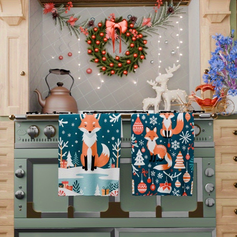 

2-pack Veipa Contemporary Style Christmas Kitchen Towels, Soft Polyester Dish Cloths, Rectangular Weave, Fox Design, Machine Washable, 18x26 Inches