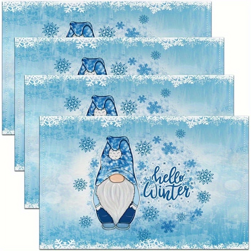 

4pcs, Christmas Placemats, Hello Winter Watercolor Blue Printed Abstract Geometric Placemats, Suitable For Kitchen/table Decoration, Washable 12x18 Inch Placemats