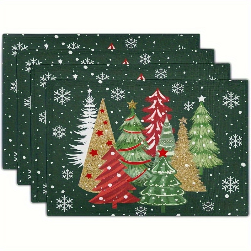 

4-pack Christmas Green Placemats, 12x18 Inches, Polyester, Woven, Christmas Tree & Winter Decor, Heat-resistant, Washable, Non-slip Table Mats For Party Kitchen Decor