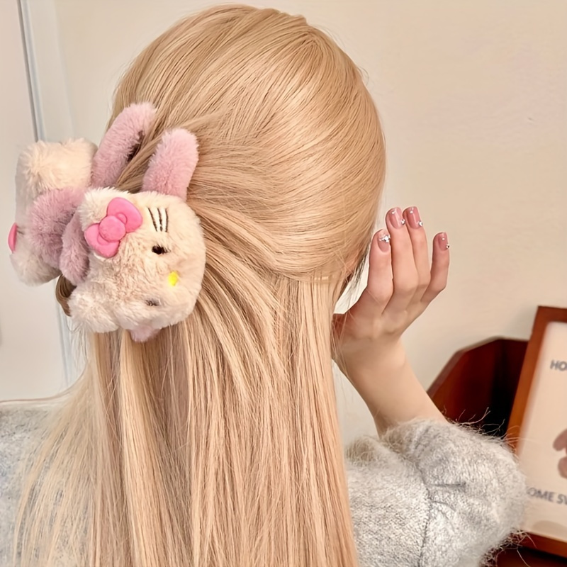 

1pc Stylish Hello Kitty Plush Hair Claw Clip Featuring A Bow - A Soft And Trendy Solid Color Accessory For And Young Women.