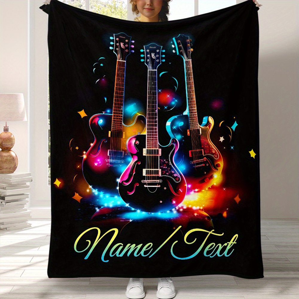 

1pc Cozy Custom Name Bass Guitar Flannel Throw Blanket - Lightweight, Tear-resistant, Fleece For Sofa, Bed, Travel, Camping - Style, Knitted Polyester Fabric