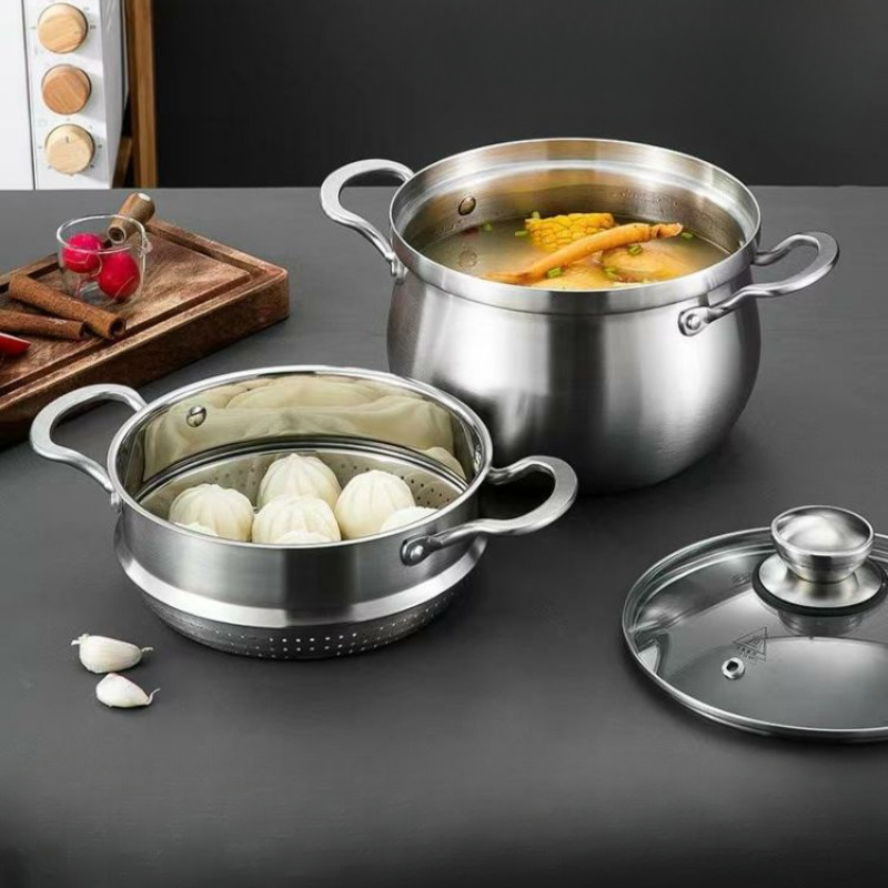 versatile stainless steel cooking pot with lid non stick   soups   noodles compatible with induction gas stoves steamers kitchen utensils hot pot details 2