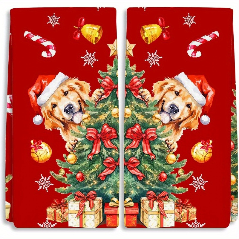 

2pcs Golden Retriever Christmas Tree Kitchen Towels - , Machine Washable Polyester Dish Cloths For Decor, For Christmas