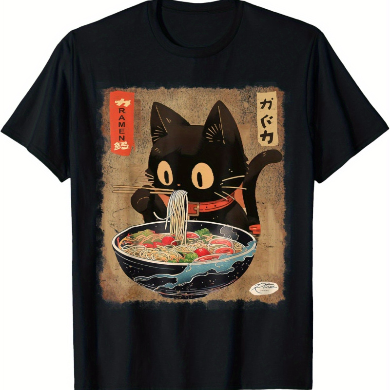 

1pc Anime Cat Eating Ramen Print T-shirt, Cotton Crew Neck, Medium Stretch, Regular Fit, , For Men And Women