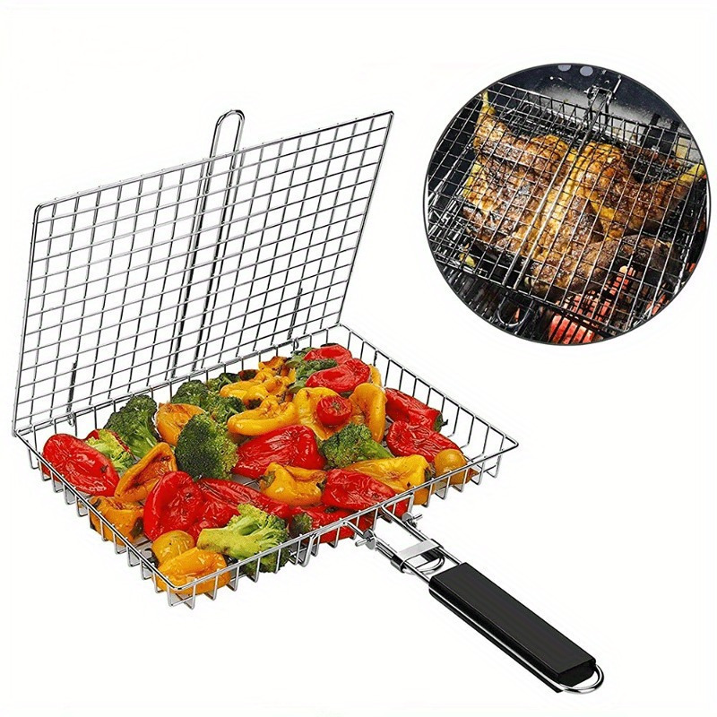 

1pc Stainless Steel Bbq Grill Basket With Lid - Large Capacity, Foldable, Bpa-free, Temperature Control, Uncharged, No Battery Required