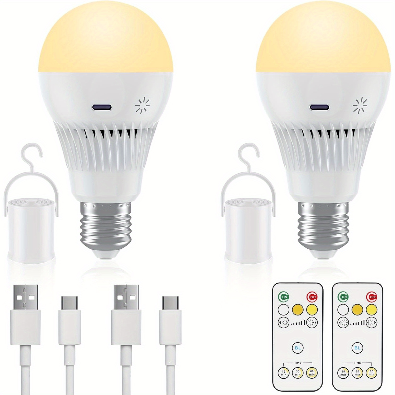 

2pcs Light Bulb With Battery 9 W, Battery Bulb With Remote Control, E27, 3 Colours, Dimmable, Usb-c Rechargeable Bulb, 3000 Mah With Timing