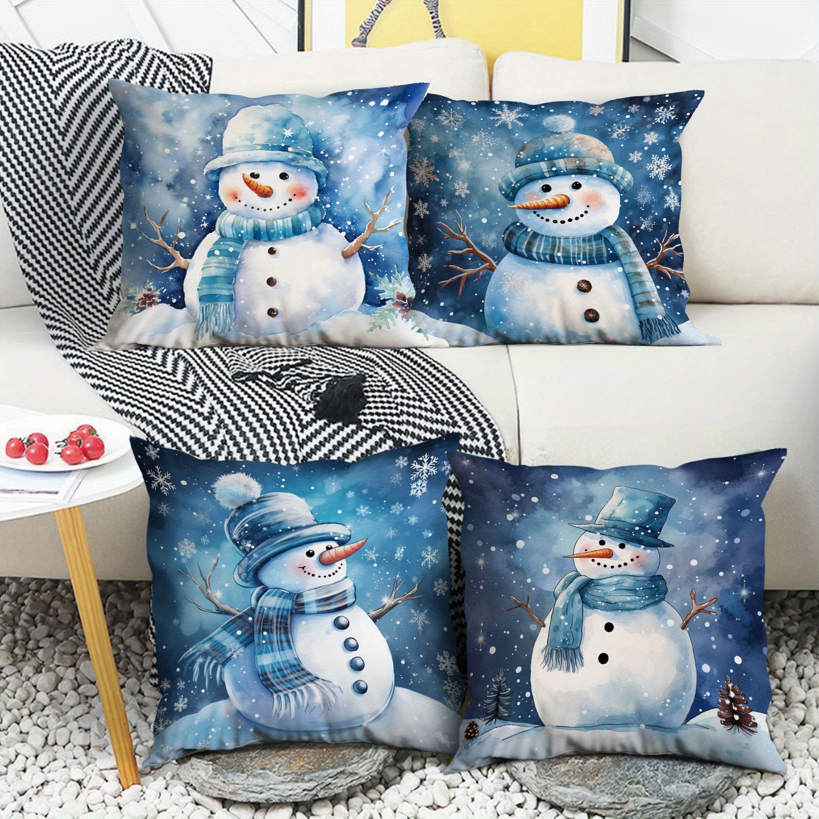 

Contemporary Snowman Throw Pillow Covers Set Of 4, Mixed Color, Zipper Closure, Machine Washable, Woven Polyester, Decorative Cushion Cases For Office, Bedroom, Balcony, Car, Sofa, Patio - No Insert