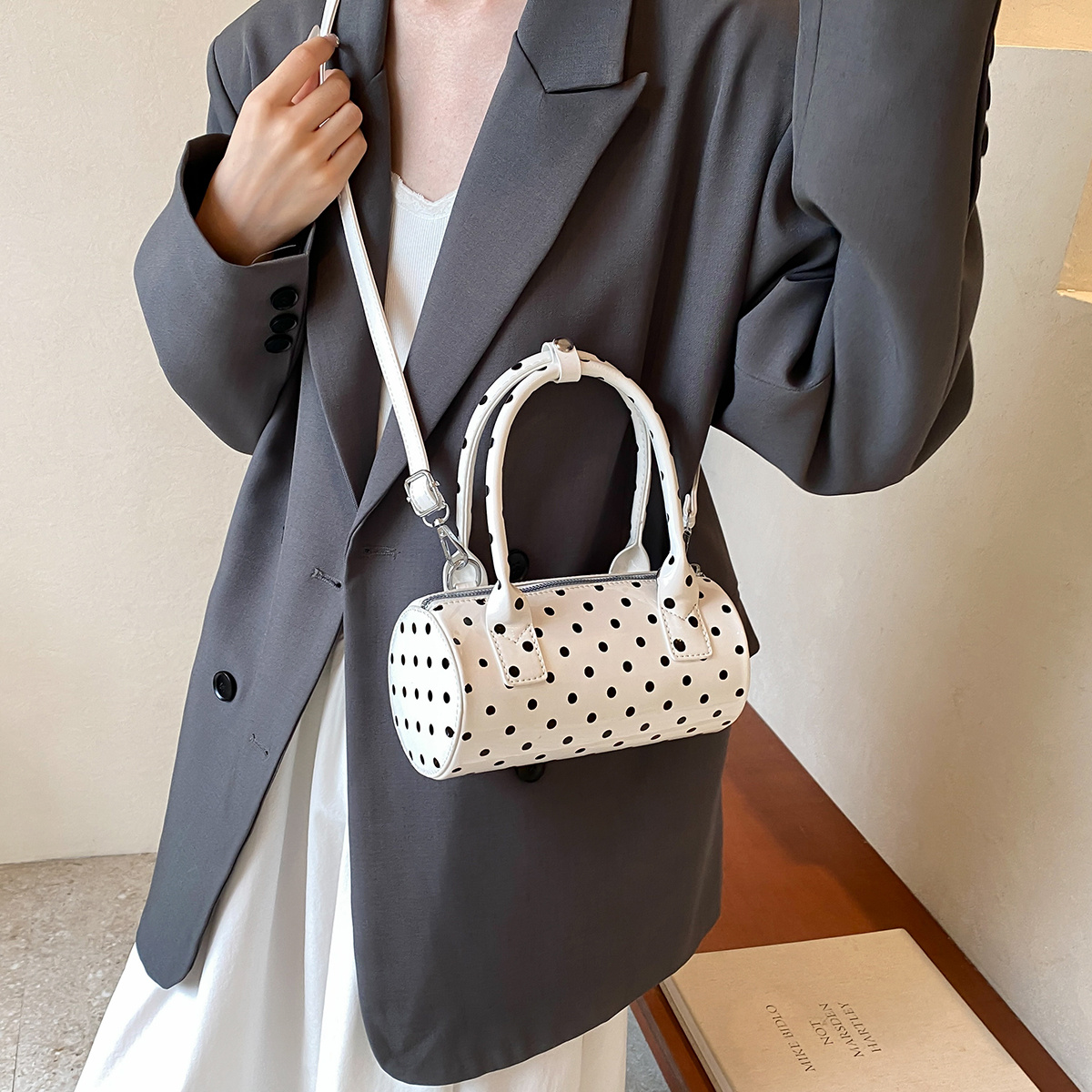 

Stylish Black & White Polka Dot Cylinder Bag - Crossbody With Braided Handle, Zip Closure, Polyester Lining - Chic Messenger Bag For Women, Crossbody Bag