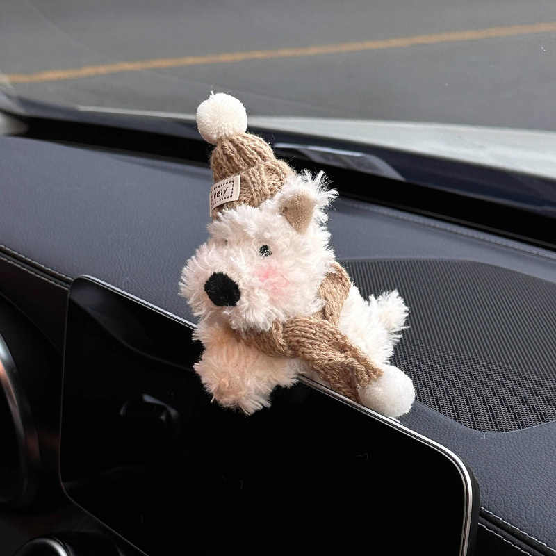 TEMU 2025 Cute Messy Little Dog Car Decor With Red Hat - Plush Center Console & Gear Shift Pendant Accessories, Dog Car Accessories