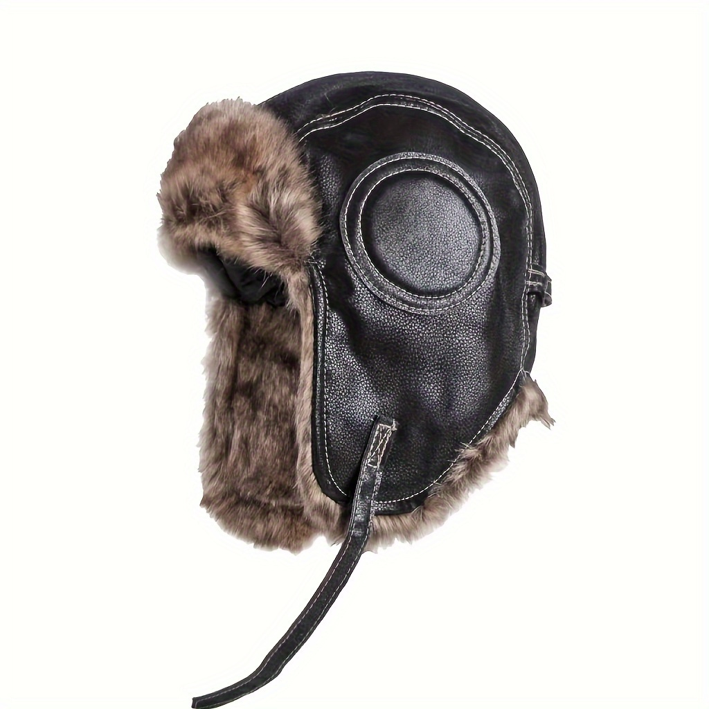 E-shop 1 Stück Herren-Dickleder-Trappermütze mit Kunstfellbesatz – Winddicht & Ohrenklappen für Schneewetter, Ideales Geschenk für Ihn, Winterhut