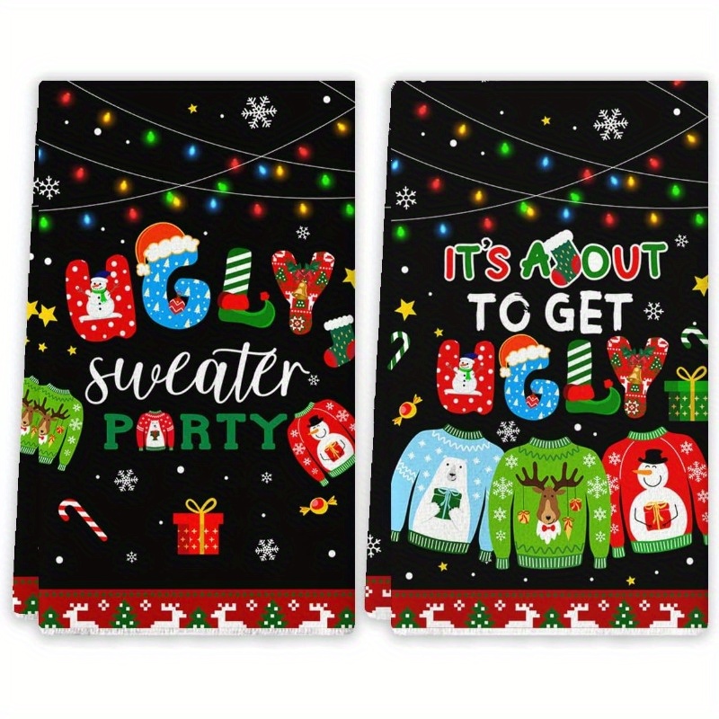 

2-pack Modern Ugly Sweater Kitchen Towels - Super Soft Polyester Dish Cloths, Machine Washable, Cartoon Themed Square Dish Towels For Christmas And New Year Party Decorations