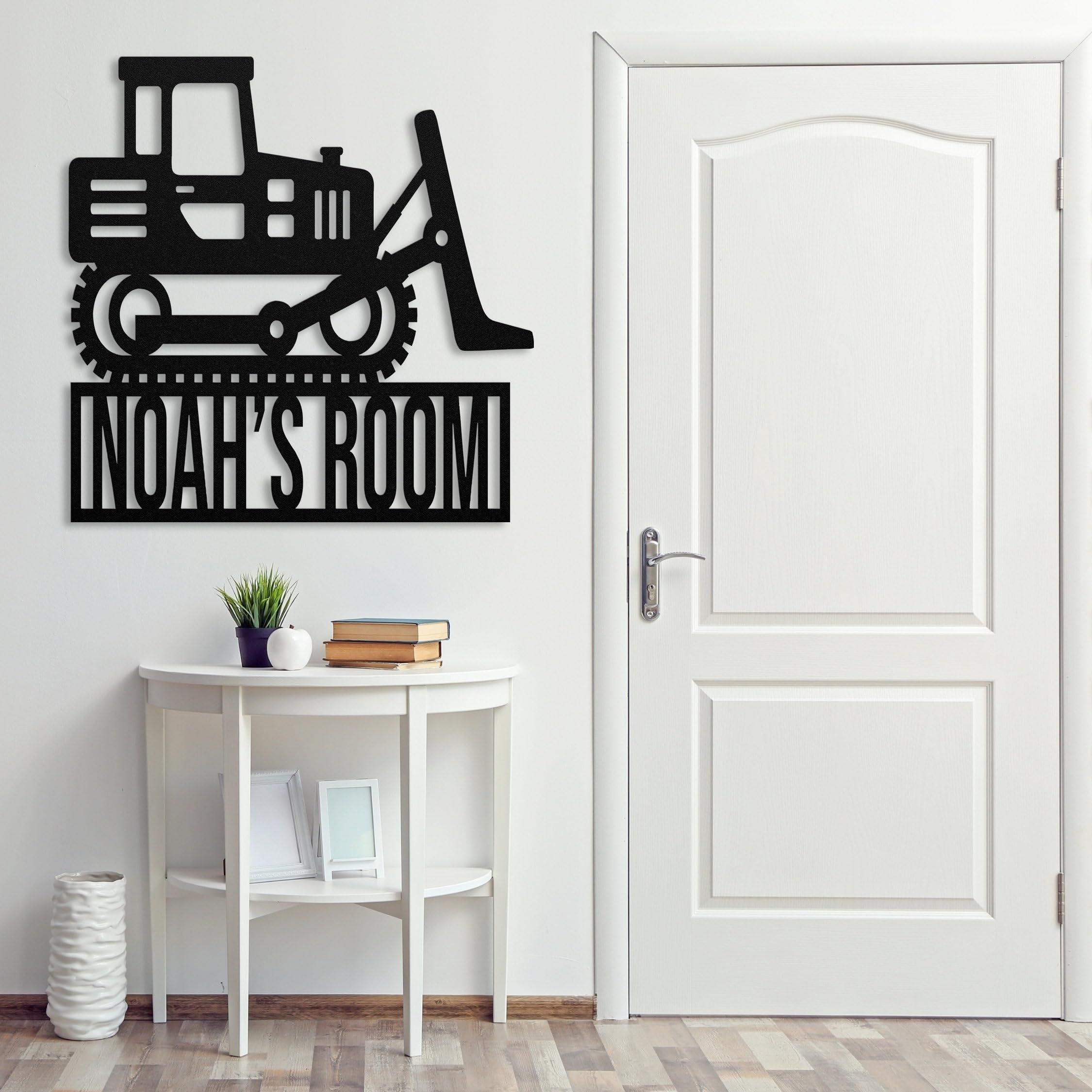 bulldozer door hanger with personalized name iron construction decor weather resistant black metal wall art   14 contemporary customizable truck initial plaque for residential and commercial spaces details 4