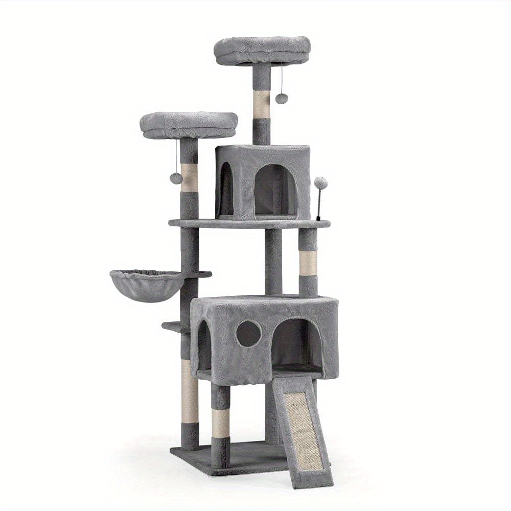 TEMU A 164cm Tall Cat Tower Designed For Larger Cats, Featuring Multiple Levels, A Hammock, 2 Condos, And 5 Sisal Scratching Posts, In A Light Gray