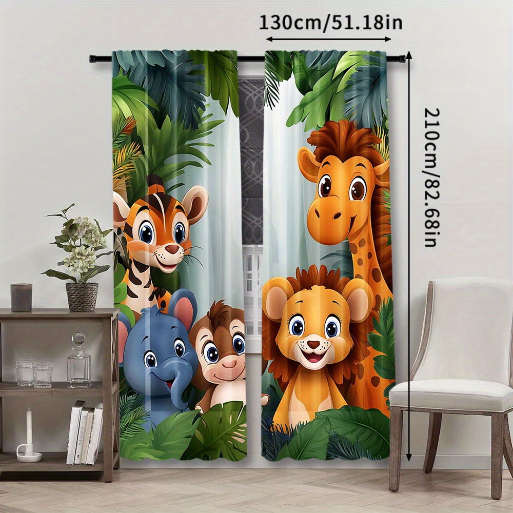 TEMU 2 pièces, Rideaux à Poche pour Tringle Motif Forêt avec , Lion, Éléphant, et Rhinocéros Imprimés de Zoo pour Chambre ou Salle de Jeux