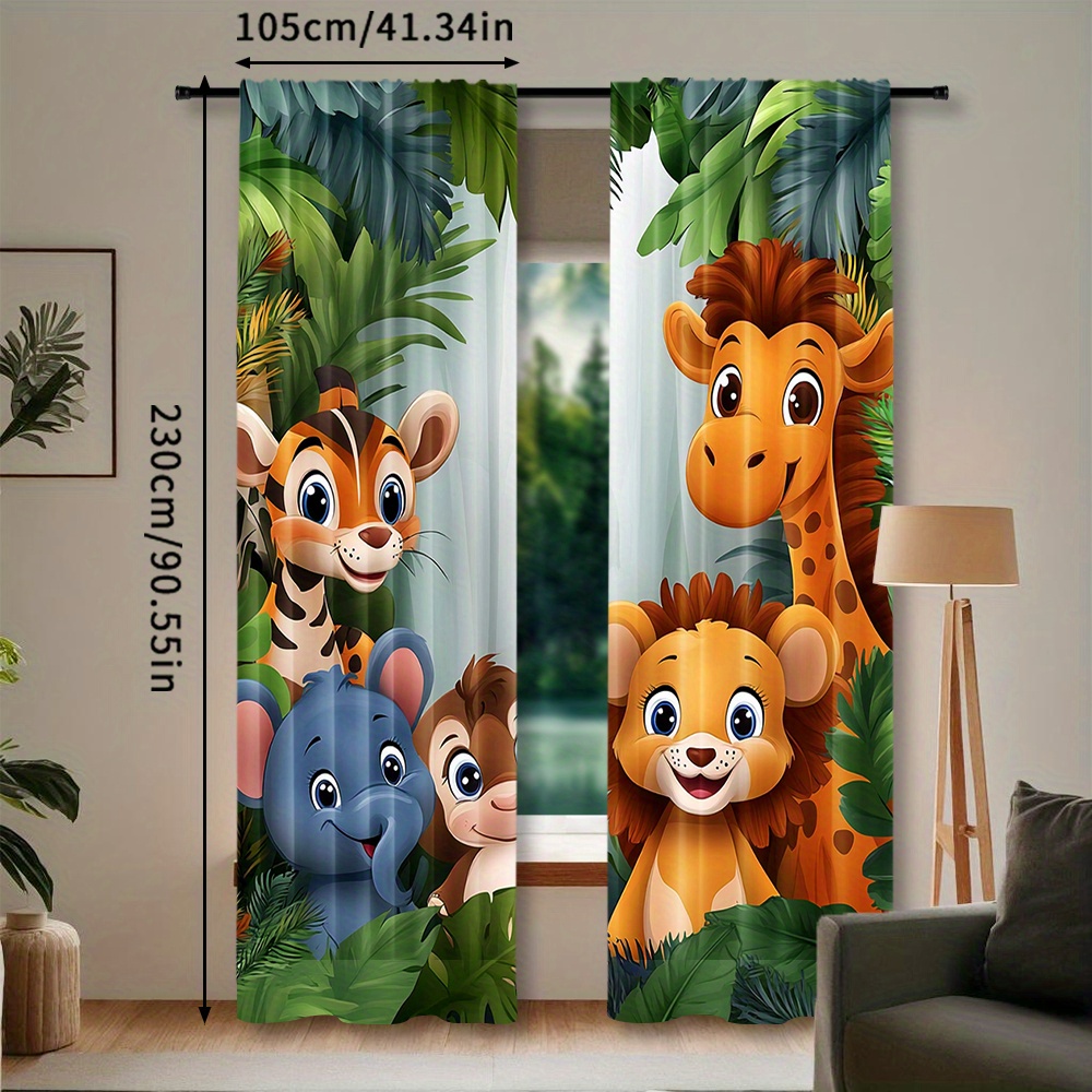 TEMU 2pcs, Animal Curtains Rod Giraffe Lion Elephant Monkey Zebra Print Pattern Window Drapes For Bedroom Playroom
