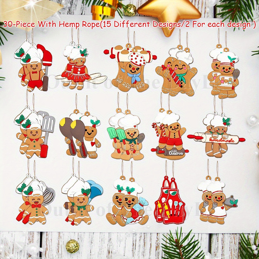 TEMU 30pcs With Hemp Rope Gingerbread Men Christmas Tree Ornaments Set- Kitchen -themed Gingerbread Man Wooden Tags Hanging Decorations For Holiday,