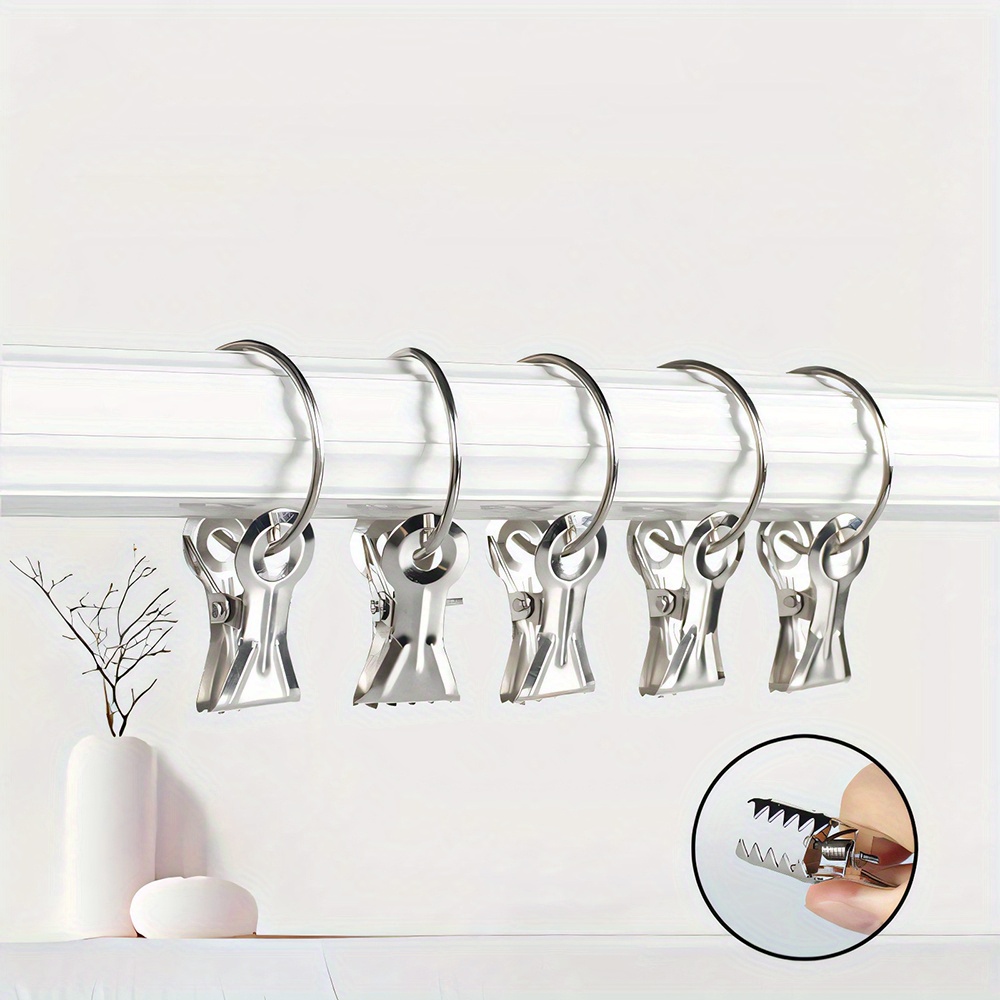 Image of 20pcs Curtain Clips Hooks Additions Stainless Steel Ring Shark Clips Roman Rod Fixer Curtain Cloth With Hooks