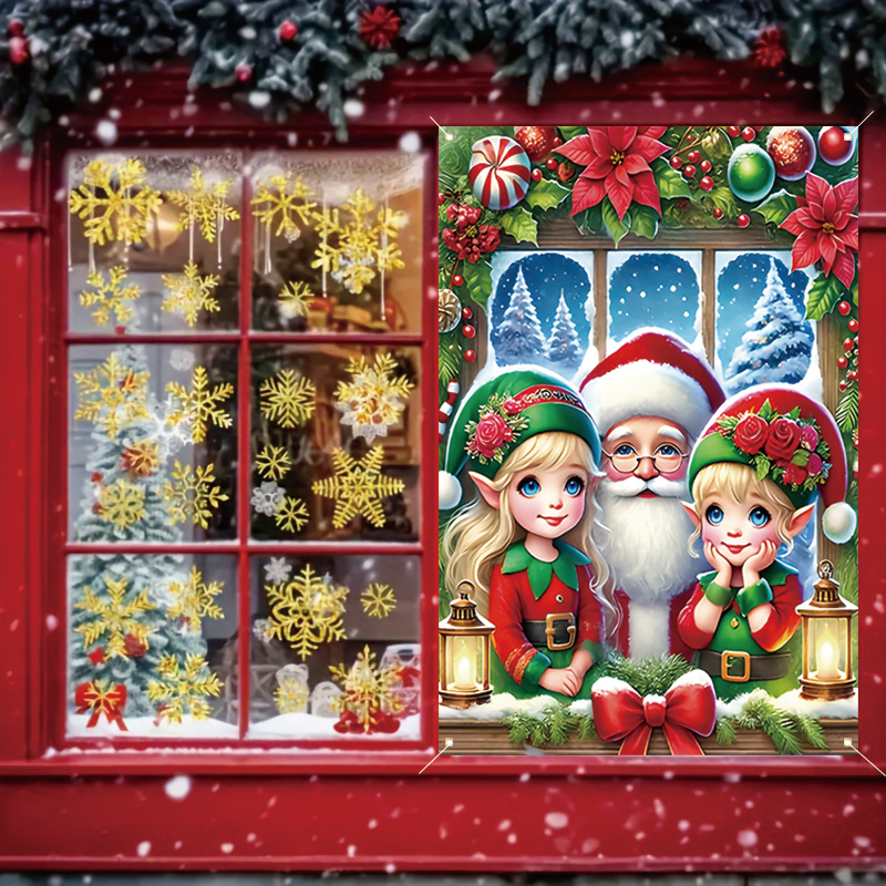 

Santa & Elf Christmas Window Banner - 31x47in Holiday Decoration, Polyester, Indoor/outdoor Use