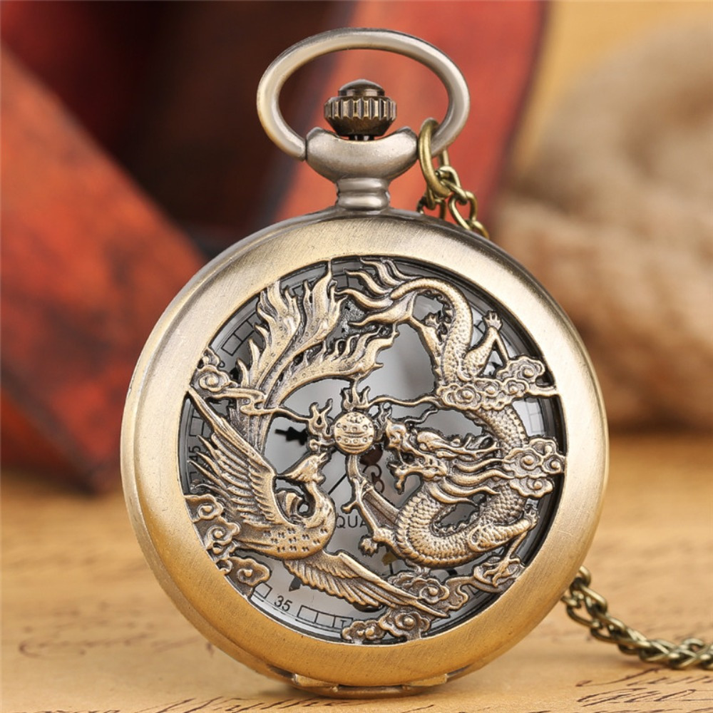 TEMU Retro Half Hunter Hollow Dragon Phoenix Design Pendant Men Women Pocket Watch Chain Fashion Cool Clock Gift