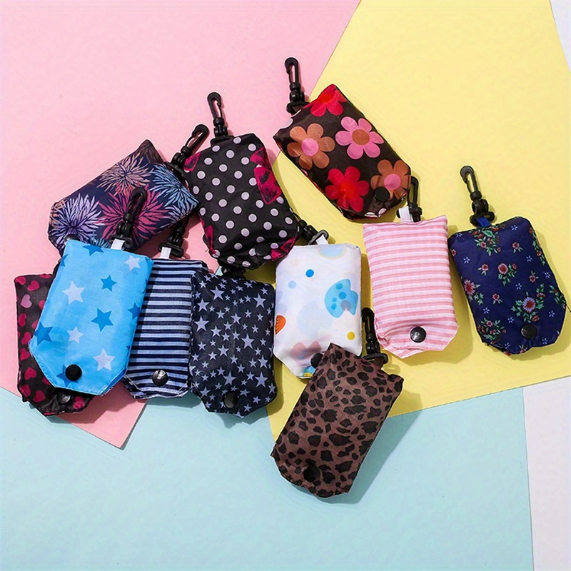 TEMU Set Of 8 Assorted Reusable Floral Shopping Bags Made Of Foldable Nylon, Washable, Featuring Cute Flower Designs And A Convenient Attached Pouch