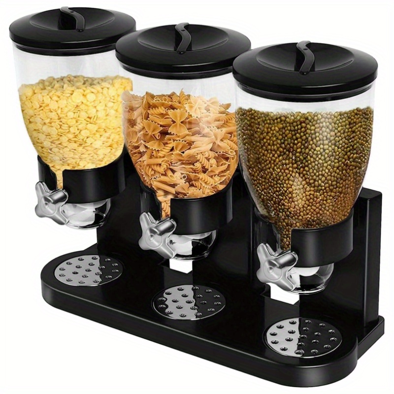 TEMU Triple Canister Cereal Dispenser, Plastic Dry Food Cereal Dispenser Container Machine Storage Bottles For Home And Kitchen, Black