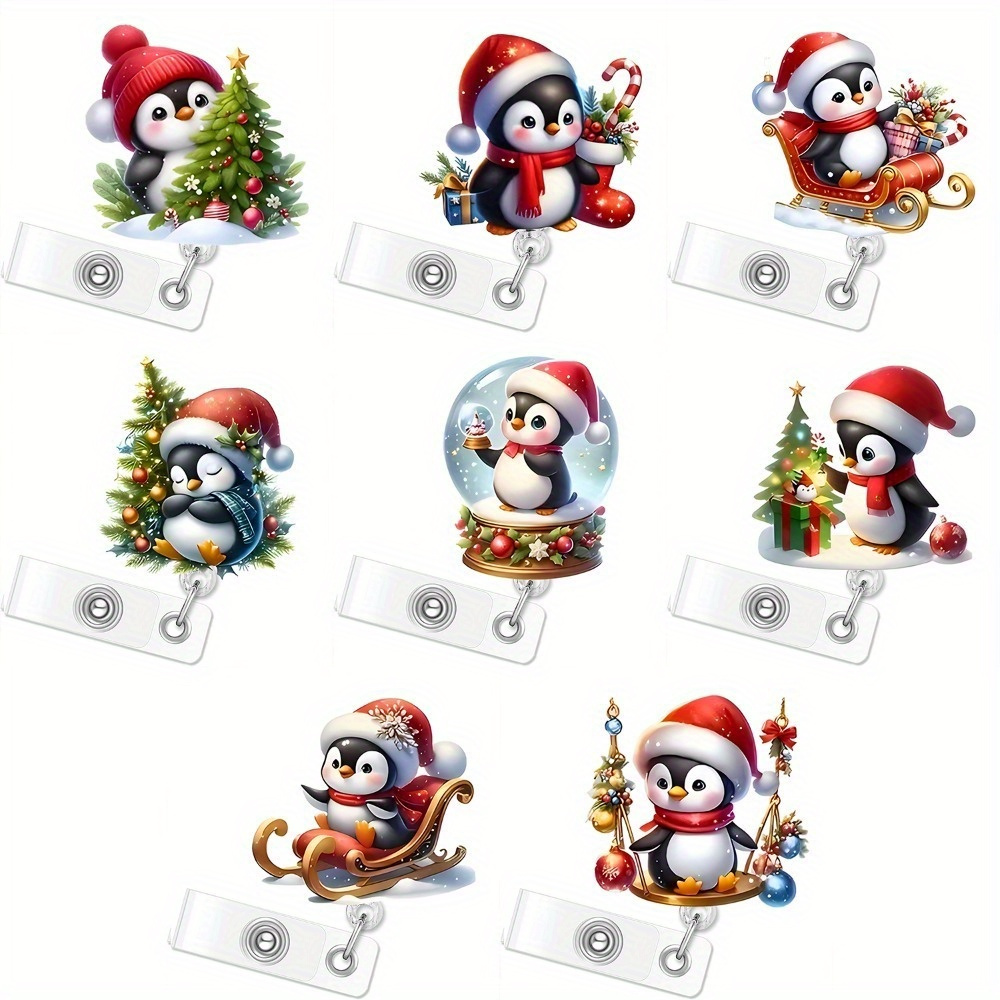 

8pcs Christmas Cute Penguin, Nurse Badge Scroll With Flash Santa Claus Name Tag Badge Clip Suitable For Nurses, Doctors, Teachers, Students, Holiday Party Decoration