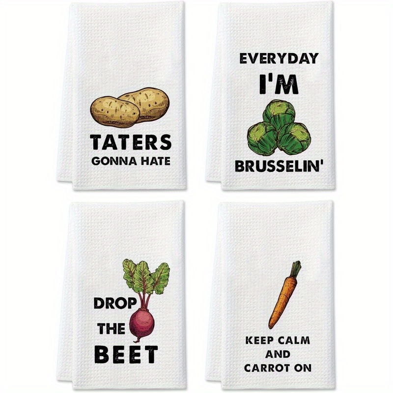 

4-pack 18x26" Funny Vegetable Themed Kitchen Towels - Modern Woven Polyester Dish Cloths, Super Soft, Machine Washable, Cartoon Print Hand Tea Towels For Drying & Washing Dishes