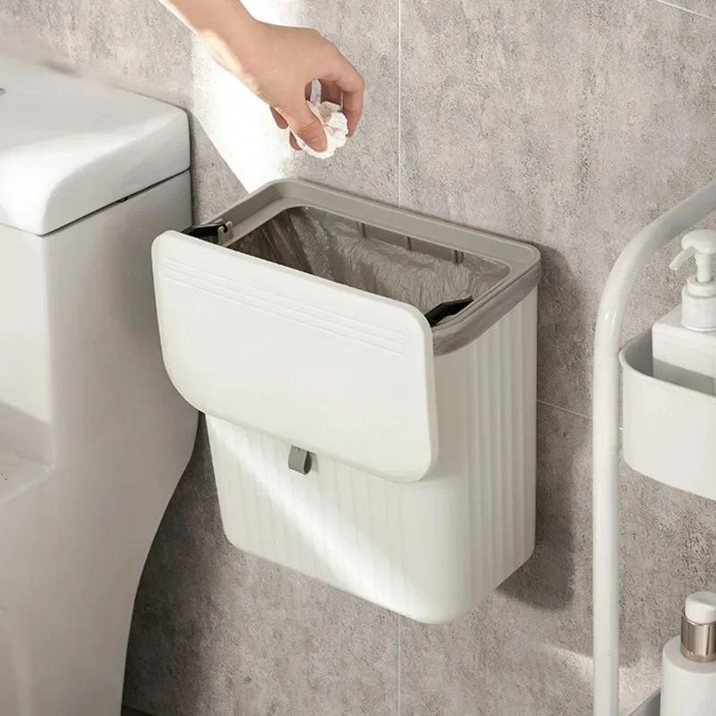 

Space-saving Wall-mounted Trash Can With Toilet Paper Holder - Sleek White Rectangular Waste Bin, Press-top Opening, Plastic, Ideal For Kitchen & Bathroom