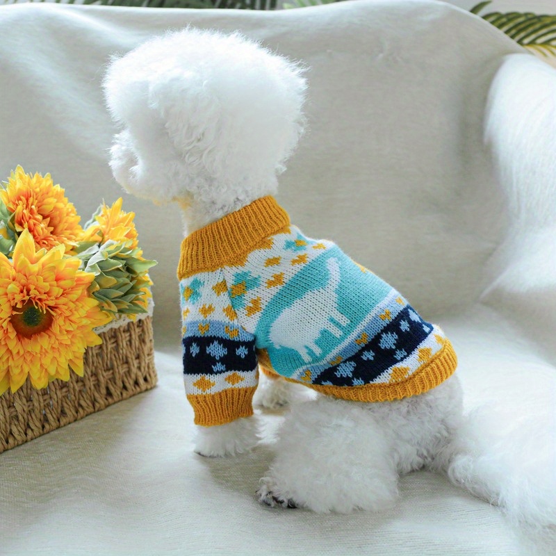 Pull pour Petites Races Pull en avec Motif Dinosaure Floral,  Bleu/Blanc/Jaune, Tenue Chaude et Confortable d'Hiver pour Pomeranian,  Bichon,