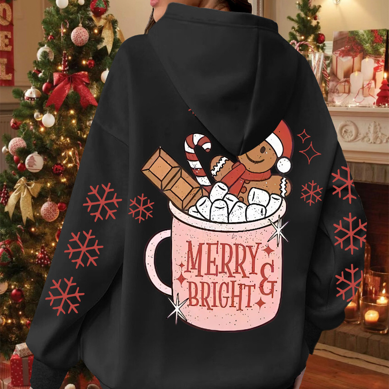 

Plus Size Christmas Print Kangaroo Pocket Hoodie, Casual Long Sleeve Drawstring Hoodies Sweatshirt For Spring & Fall, Women's Plus Size Clothing