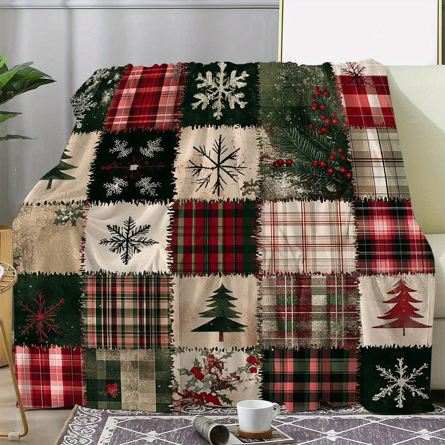 

An Christmas Patchwork Blanket- All Polyester Blanket , Red And Christmas - And Sofa, Bed, Car, , Camping, Blanket-