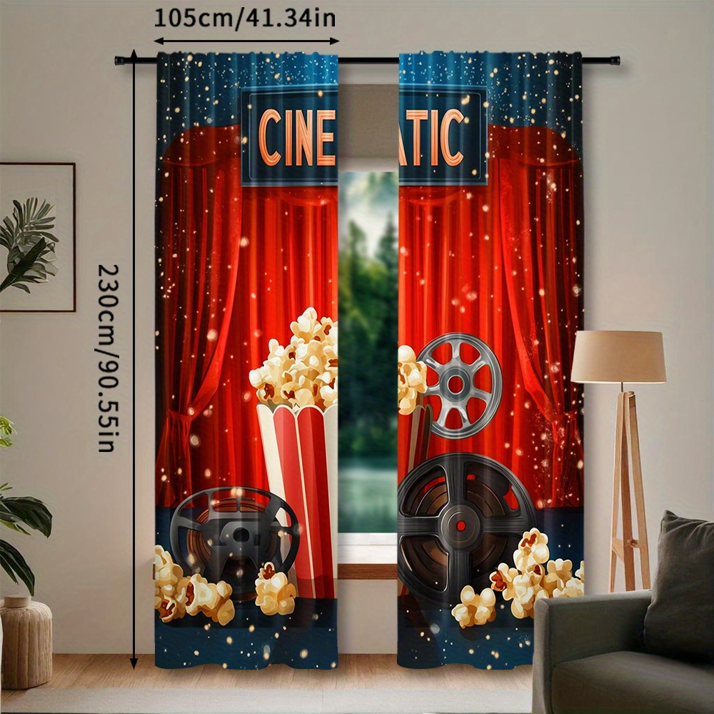 TEMU 2pcs, Popcorn Movie Curtains, Cinema Theater Background Print Drapes Decor Home Apartment Bedroom Living Room Window Treatments