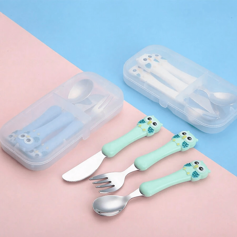 

3pcs Stainless Steel ' Cutlery Set With Storage Box - Bpa-free, Blue Feeding For