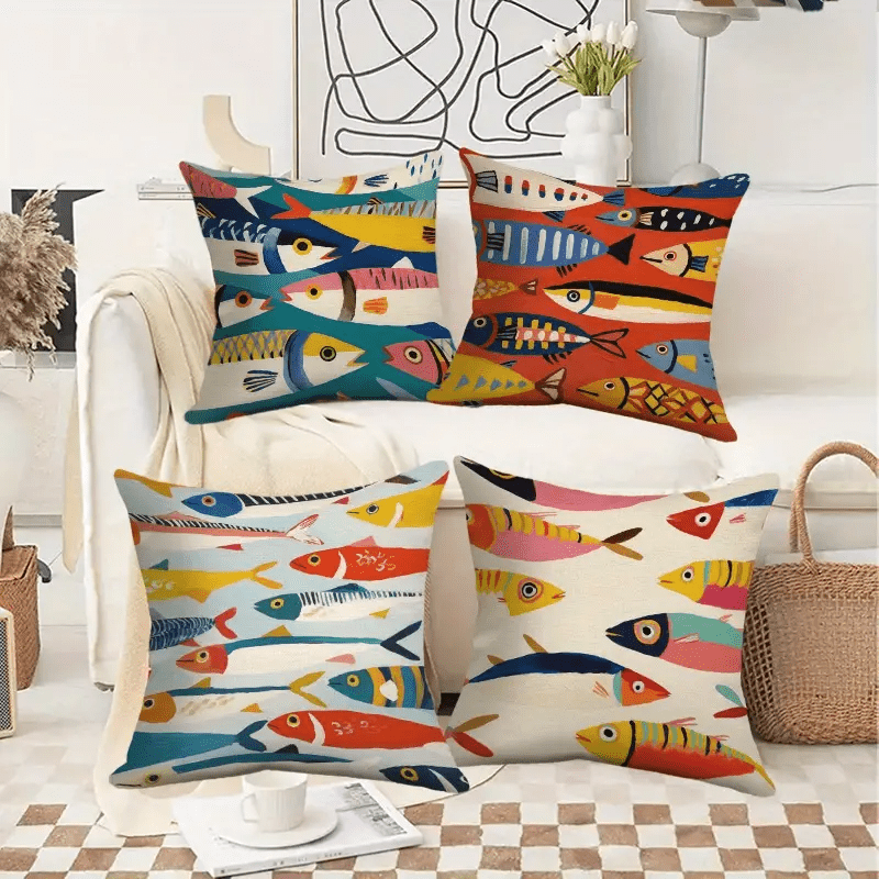 

4pcs, Housses de Coussin Colorées avec Motif de Poissons de Couleurs Mélangées, Un Ensemble de Pièces, Douces, Délicates et Texturées, Adaptées pour Canapé, Coussin de Lit