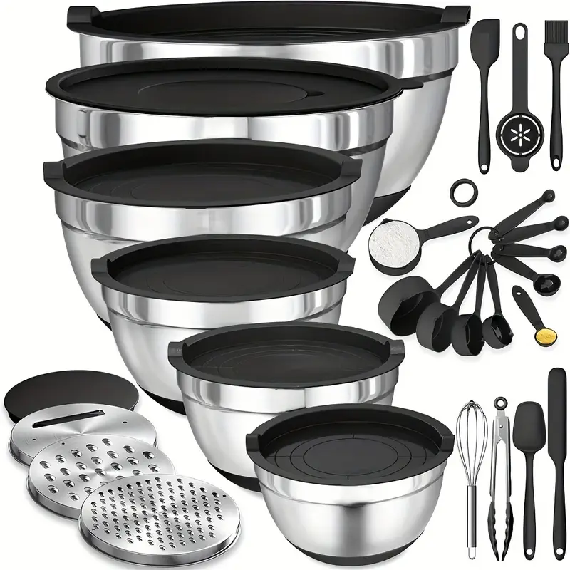 17pcs stainless steel mixing bowl set with sealing lids grater non slip rust resistant kitchen gadgets for salads more 7qt to 1qt sizes details 1