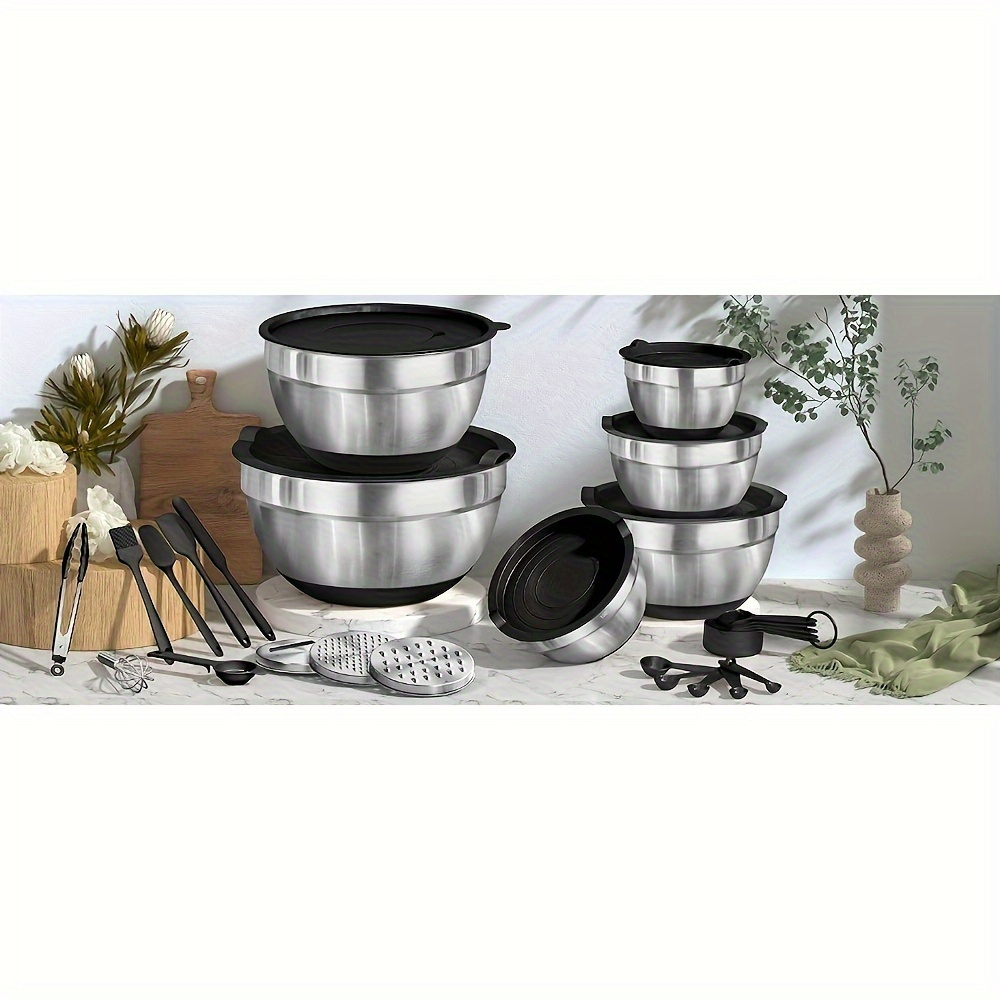 17pcs stainless steel mixing bowl set with sealing lids grater non slip rust resistant kitchen gadgets for salads more 7qt to 1qt sizes details 0