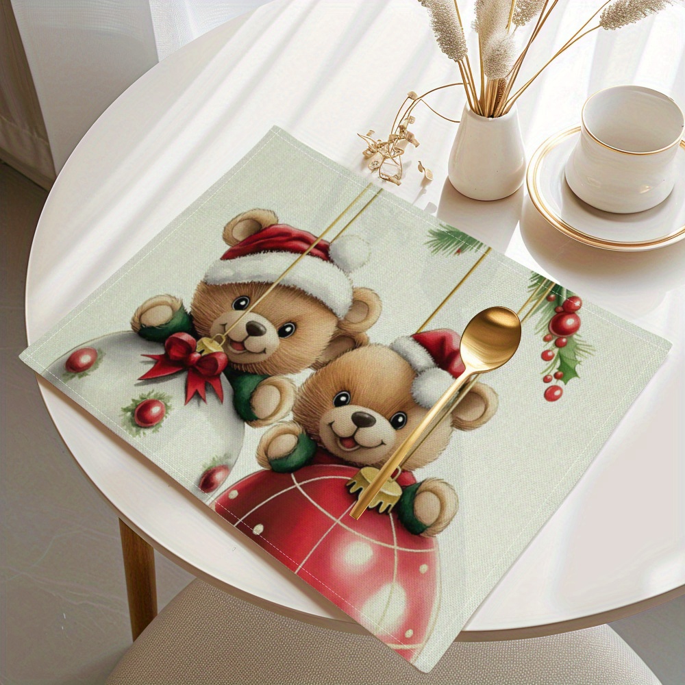 

4pcs Christmas Placemats Set, Bear & Christmas , , Stain- & , Washable, Rectangular Table For