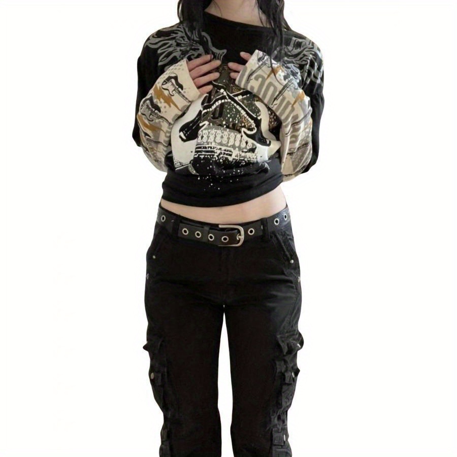 

Women's Chic Guitar Print Layered Long Sleeve T-shirt - Round Neck, Polyester , Black With White & Golden Accents, Spring