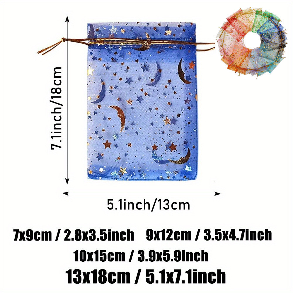 TEMU 25pcs Golden Stars And Moon Printed Organza Drawstring Bags, Mesh Gift Pouches For Jewelry, Makeup, And Party Favors