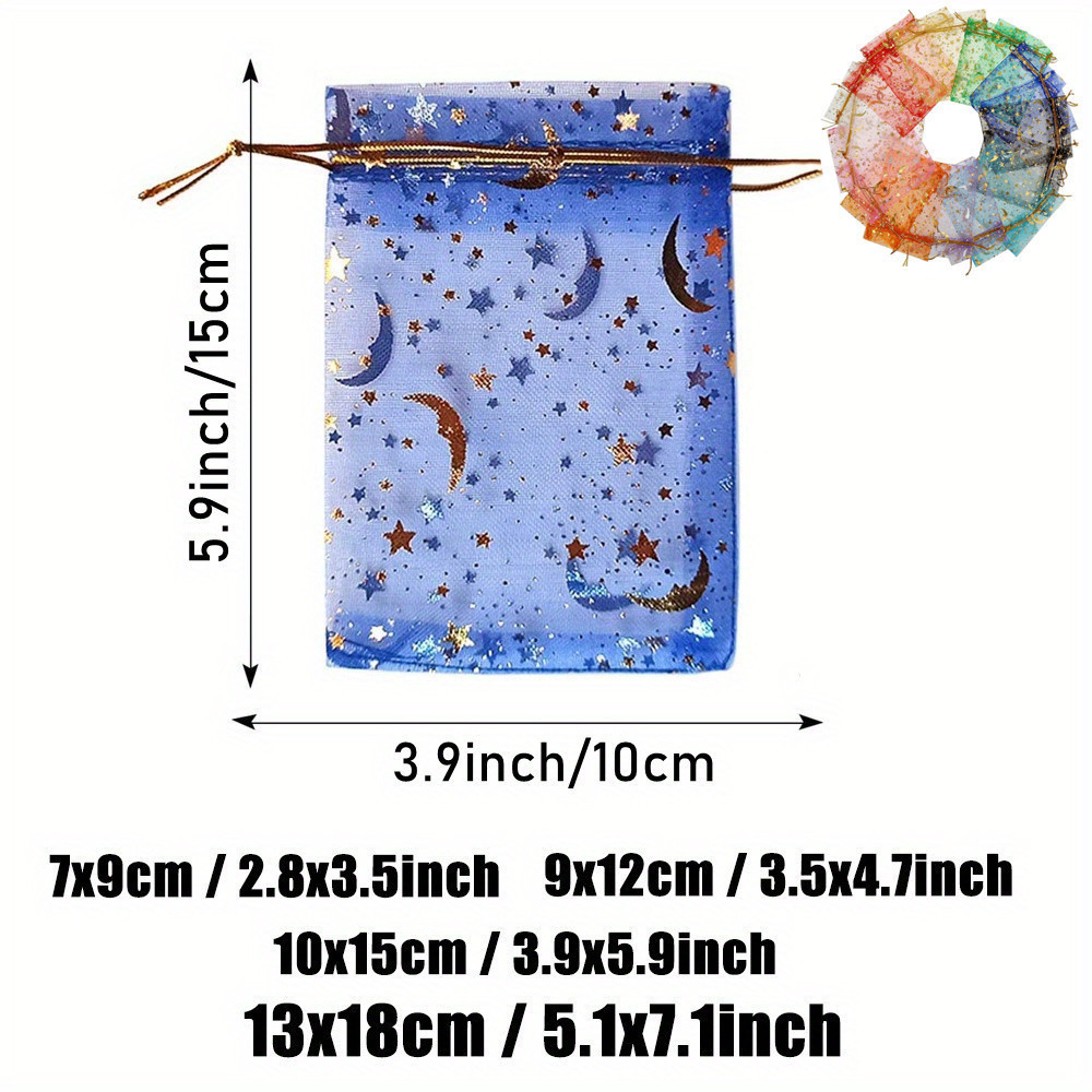 TEMU 25 piezas de bolsas de organza con cordón y estampado de estrellas y luna doradas, bolsitas de malla para regalo para joyería, maquillaje y