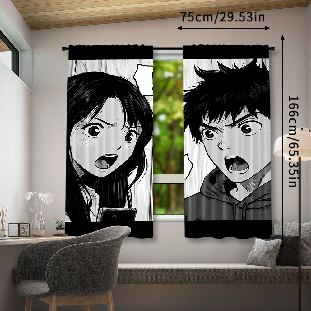 TEMU 2pcs Rideaux Anime - Imprimé de Bandes de Bande Dessinée Japonaise , Draperies en Polyester Semi-Transparentes pour Salon & Chambre, Lavables en