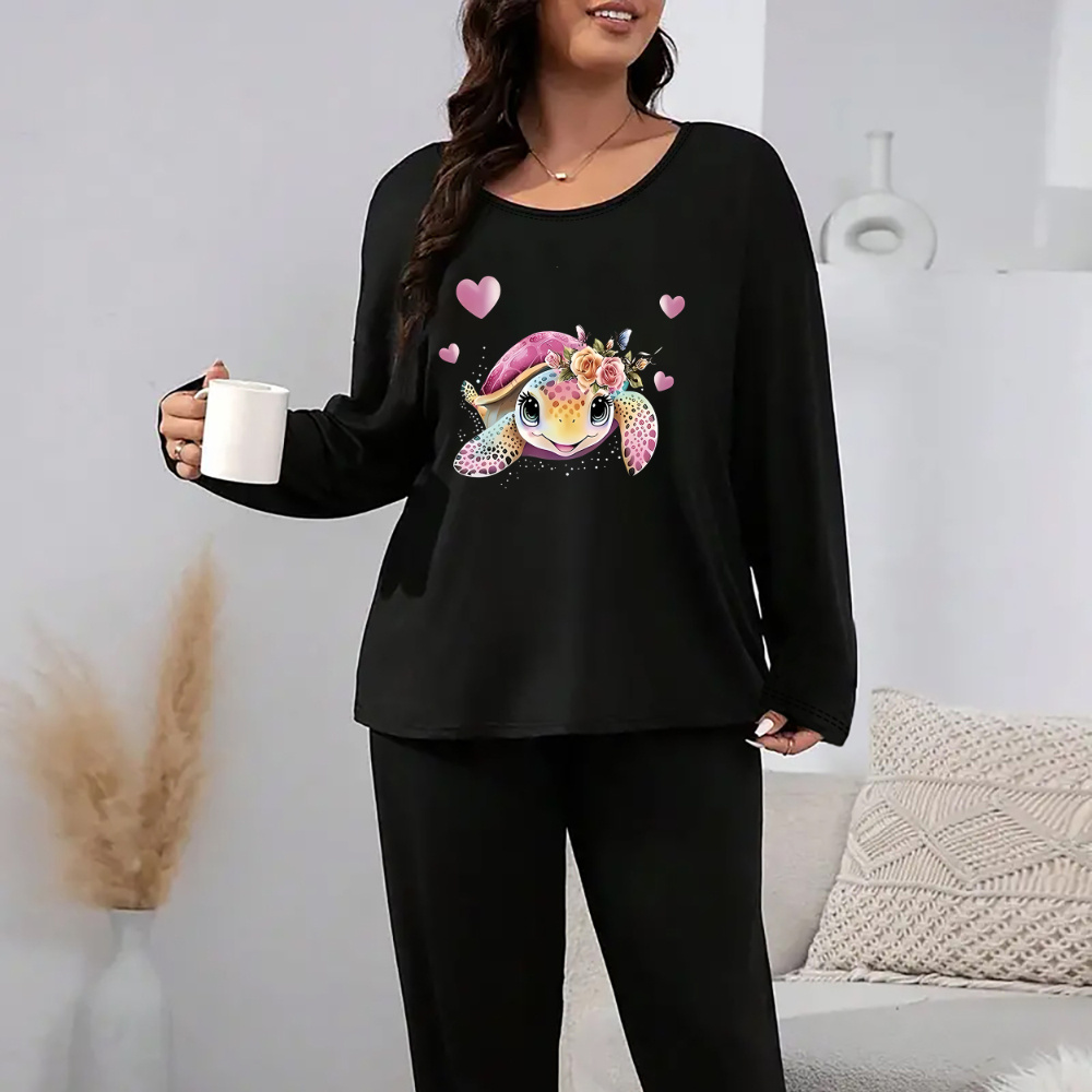 

Plus Size Women's Cozy Valentine's Day Turtle Heart Print Pajama Set - Long Sleeve Crew Neck Top & Stretchy Lounge Pants, Soft Polyester , Machine Washable