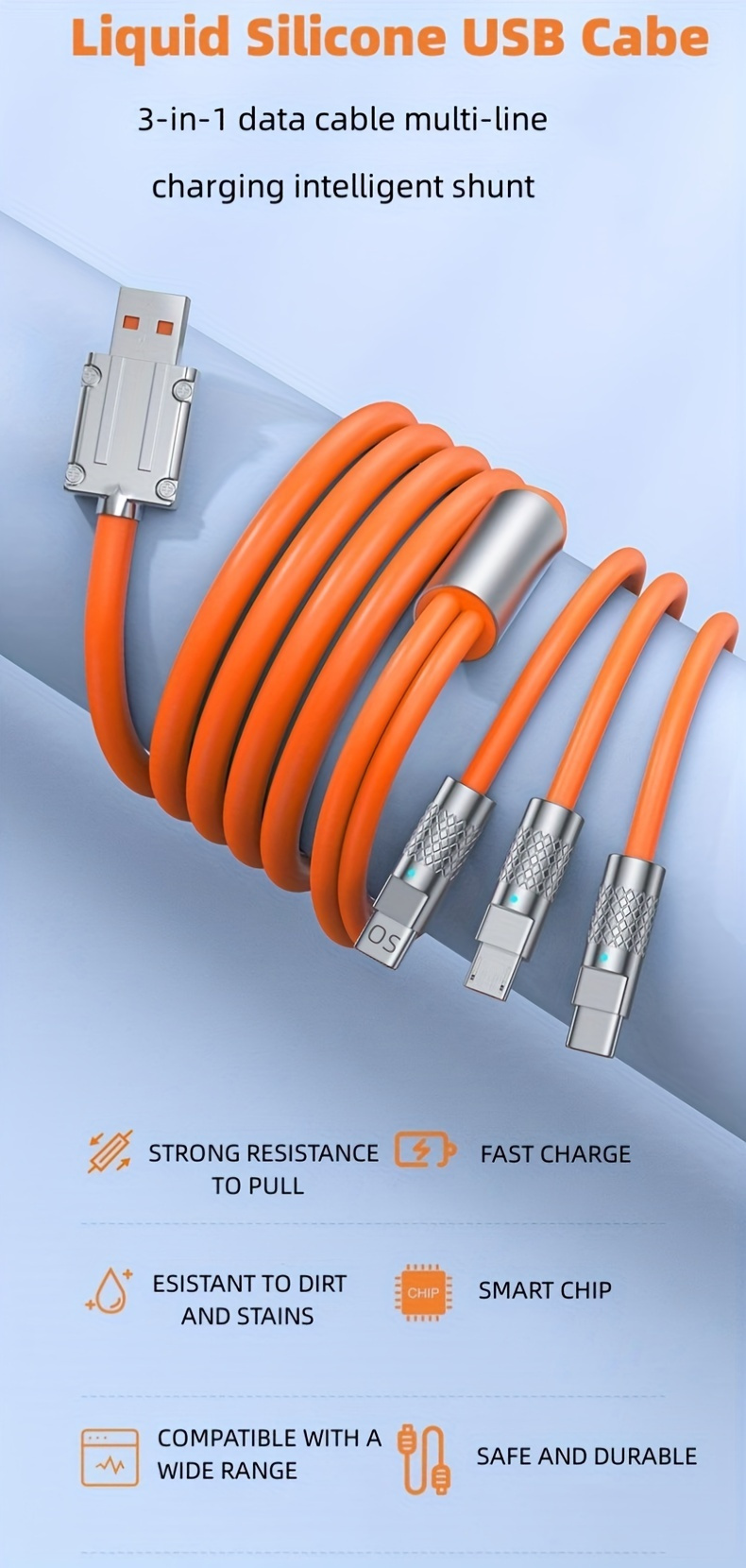 multi charging cable 3 in 1 120w super fast charger cord orange silicone usb cables zinc alloy connector universal charging cord for type c and micro usb for cell phones and car charging accessory details 3