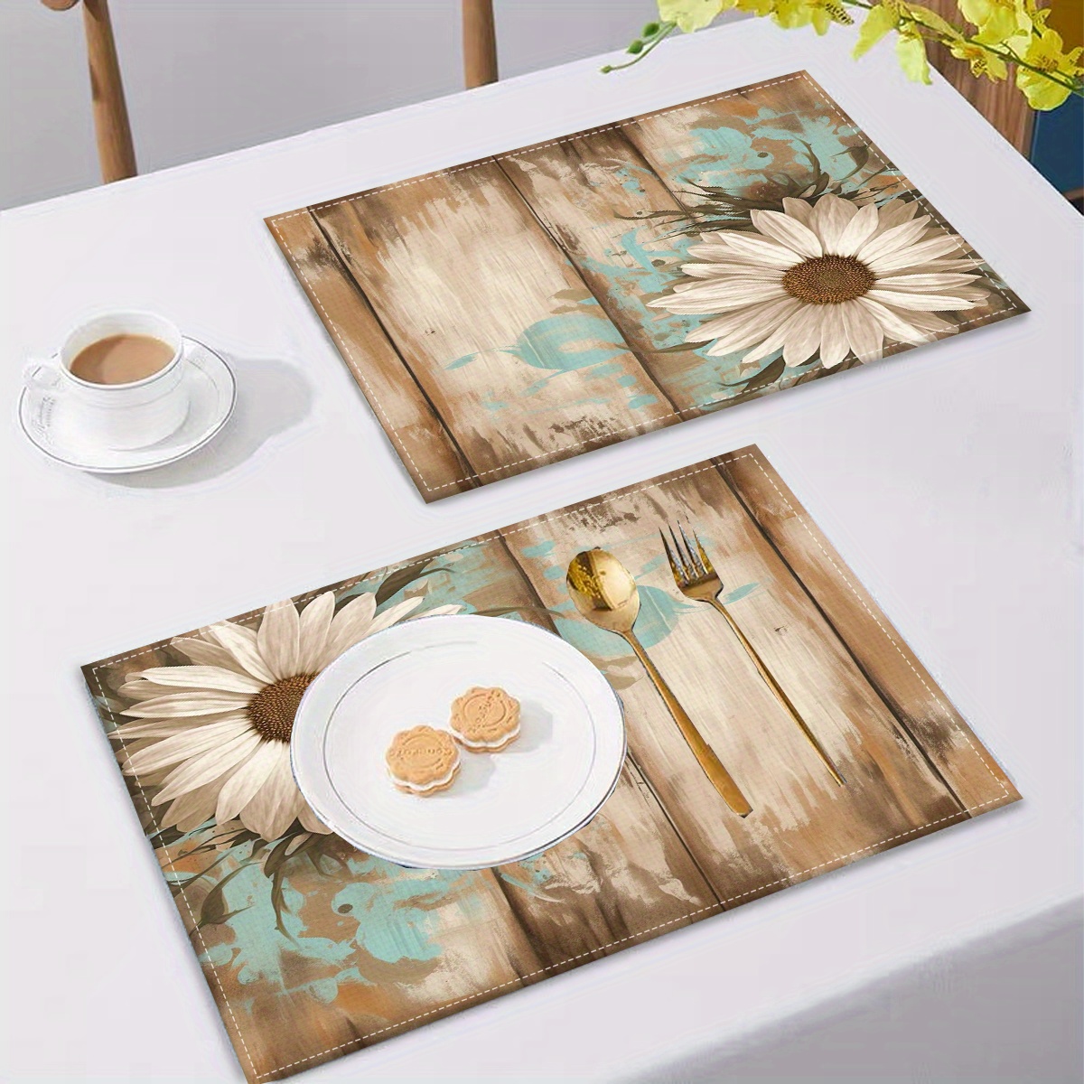 

Set Of 2/4 Daisy Floral Wooden Board Printed Placemats For Home Kitchen / Heat-resistant Table Mats For Surface Protection / Decorative For Kitchen Dining Table Party Scenes