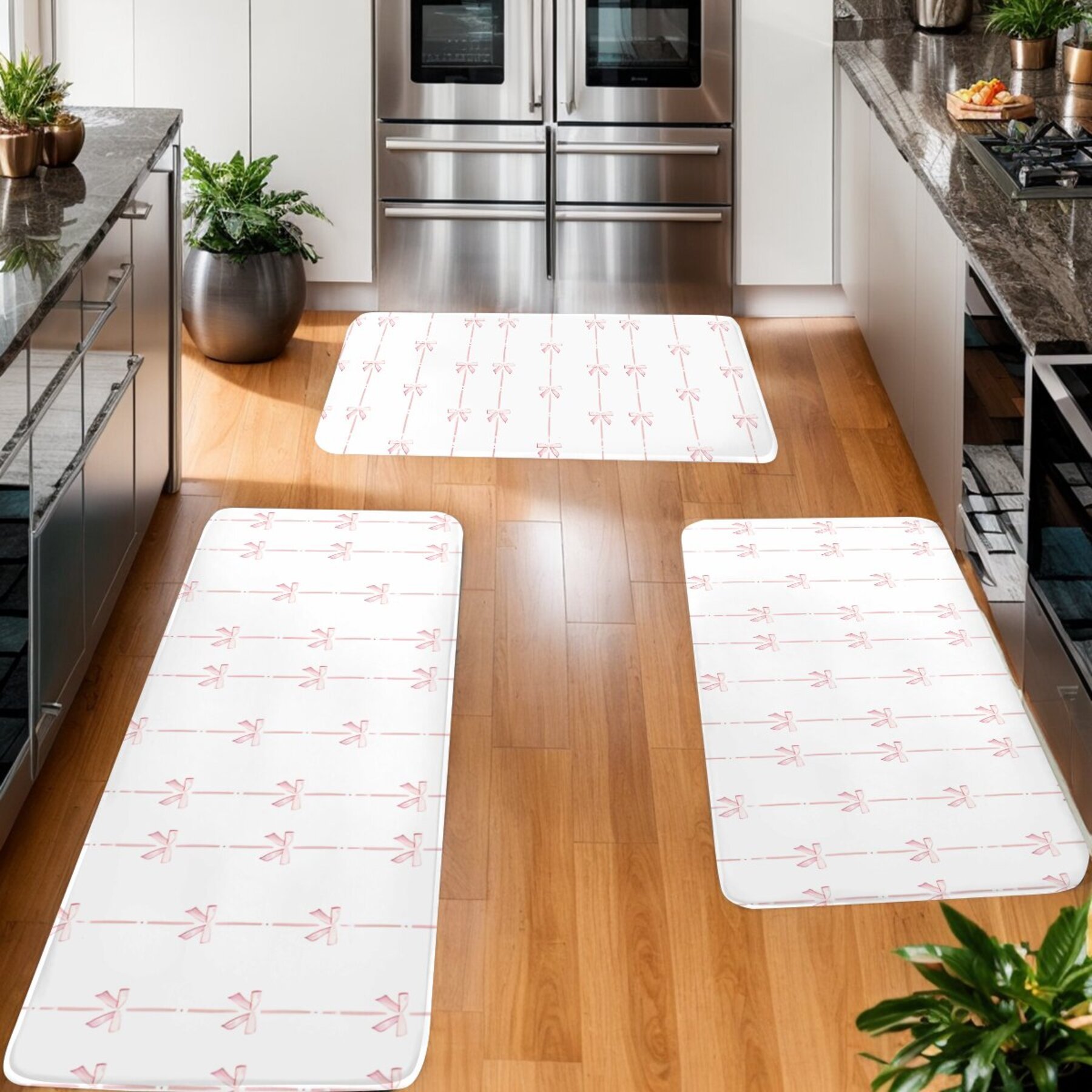 

Merry Christmas Kitchen Mat Set, Polyester Non-slip Doormat, Machine Washable, Rectangle, Ribbon Design - Home , Gift Present Theme, 1pcs